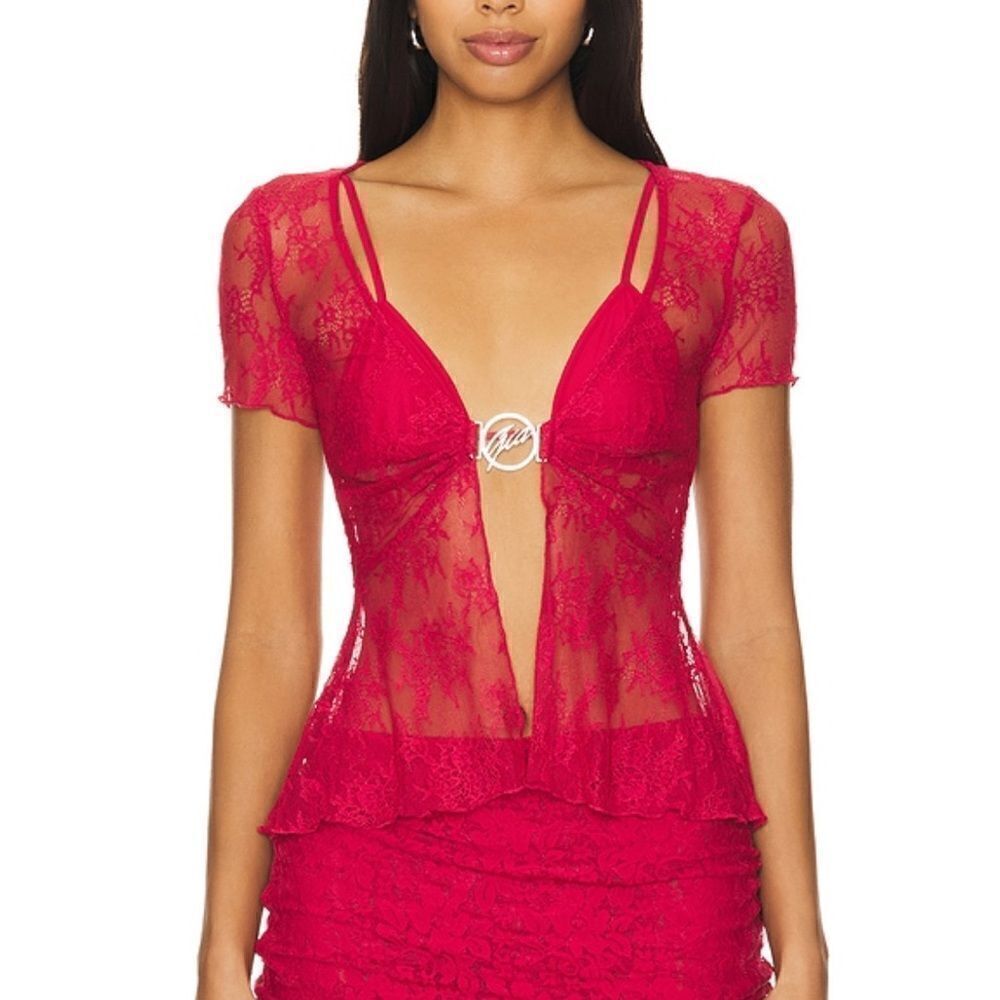I.AM.GIA x REVOLVE Jacquey Top Red lace logo metal clasp open cropped Revolve XS